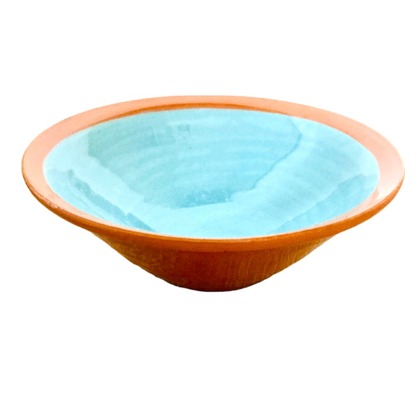 kleine Keramikschüssel innen türkis außen braun leicht abgeflacht